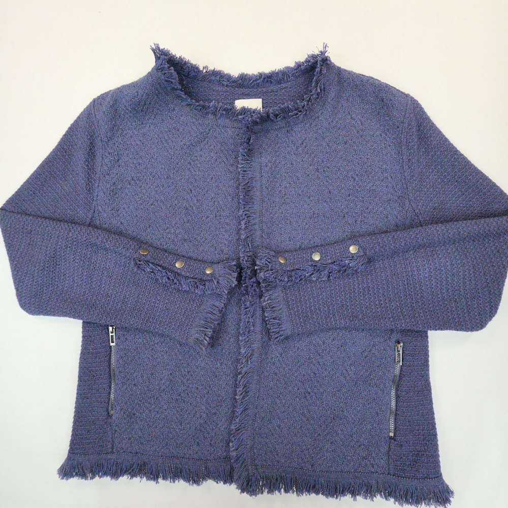 NIC+ZOE Fringed Open Front Cardigan Jacket Womens Large Blue Tweed Cotton Blend
